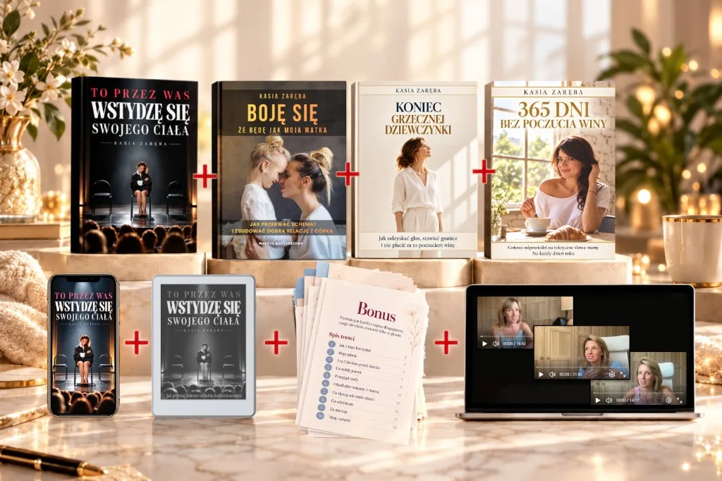 Pakiet: 4 eBooki Kasi Zaręby, dodatek Twoja kolej i 3 filmy z komentarzem Kasi